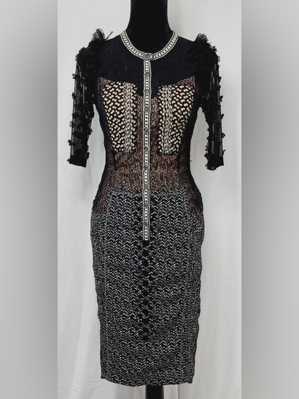 Black Lace and Knit Bodycon Dress - Elegant Sheer Detail